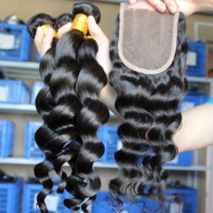 Mongolian Virgin Hair Loose Wave Middle Part Lace Closure with 3pcs Weaves