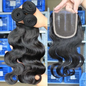 Malaysian Virgin Hair Body Wave Middle Part Lace Closure with 3pcs Weaves