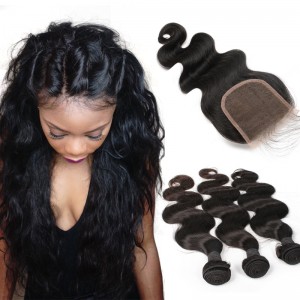 Brazilian Virgin Human Hair Extensions Weave 3 Bundles with 1 closure Natural Color Body Wave