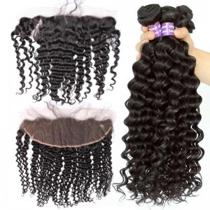 Malaysian Virgin Hair Deep Wave Curly Lace Frontal With 3Pcs Hair Bundles Natural Color 