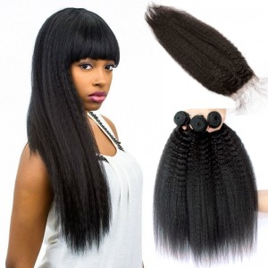 Brazilian Virgin Hair with Closure Kinky Straight 3 Bundles with 1 closure Natural Color