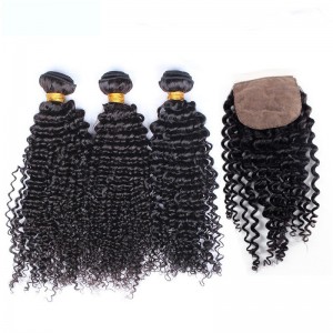 Brazilian Virgin Hair Kinky Curly Silk Base Closure With 3Pcs Hair Weaves Natural Color