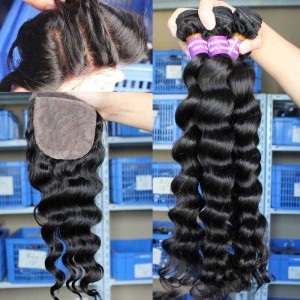 Peruvian Virgin Hair Loose Wave 4X4inches Three Part Silk Base Closure with 3pcs Weaves