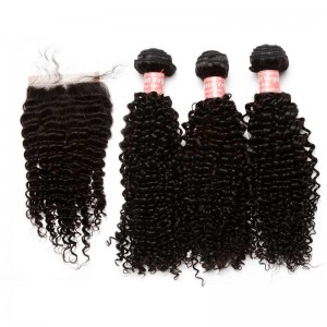 Indian Remy Hair Kinky Curly Free Part Lace Closure with 3pcs Weaves