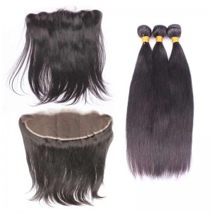 Natural Color Silky Straight Malaysian Virgin Hair Lace Frontal Closure With 3Pcs Hair Bundles