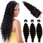 Brazilian Virgin Human Hair with Closure Deep Wave 3 Bundles with 1 closure Natural Color