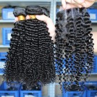 Peruvian Virgin Hair Kinky Curly Free Part Lace Closure with 3pcs Weaves