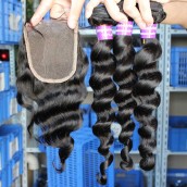 Loose Wave Brazilian Virgin Hair Middle Part Lace Closure with 3pcs Hair Weaves